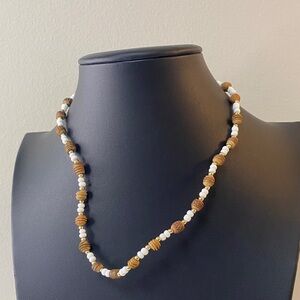 Wooden and White Beaded Necklace